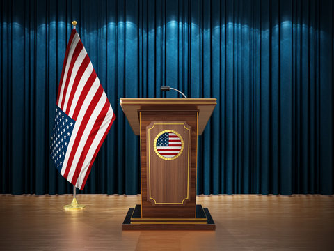 Press conference with flags of United States of America USA and lectern against the blue curtain. 3D illustration