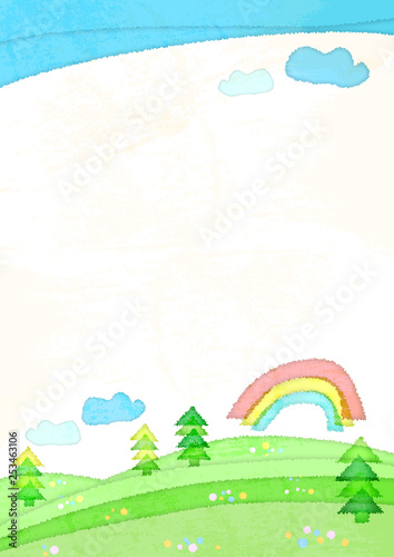 水彩風の野原と虹と青空と雲のフレーム 縦位置 Wall Mural Rrice 水彩風の野原と虹と青空と雲のフレーム 縦位置 Wall Mural Rrice