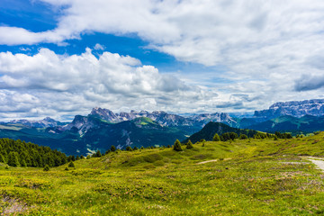 Fototapeta premium Alpe di Siusi, Seiser Alm with Sassolungo Langkofel Dolomite, a large green field with a mountain in the background