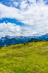 Alpe di Siusi, Seiser Alm with Sassolungo Langkofel Dolomite, a large green field with a mountain in the background