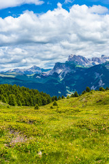 Fototapeta premium Alpe di Siusi, Seiser Alm with Sassolungo Langkofel Dolomite, a large green field with a mountain in the background