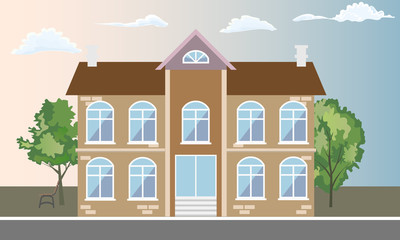 Cool detailed two floors house and trees with front view. Flat and solid color style vector illustration.