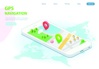 GPS navigation app concept in isometric vector illustration. Smartphone application for global positioning system. Satellite radionavigation or tracking system on mobile device
