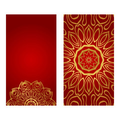 Vintage Cards With Floral Mandala Pattern. Vector Template. The Front And Rear Side. Red gold luxury color