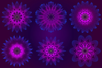 Fototapeta na wymiar Set of purple color Floral Mandala. Arabic, Indian, Motifs. Vector Illustration.