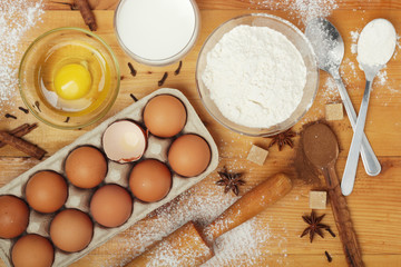 Food ingredients for baking: flour, eggs, milk, sugar