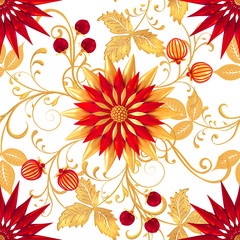 3d rendering. Golden stylized flowers, delicate shiny curls, paisley element, seamless pattern. Oriental style arabesques. Brilliant lace. Openwork weaving delicate, golden background.