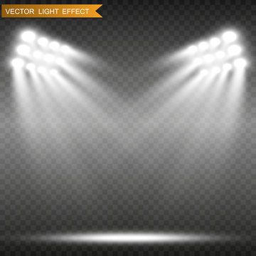 Stadium floodlights brightly illuminate evening or night sports games, concerts, shows, events. Isolated on a transparent background. Arenas of bright spotlights. Bright lights. Illuminated scene.