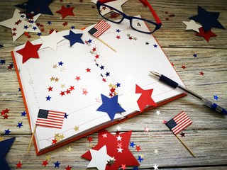 Diary with glasses open on the date of July 4, happy independence day, patriotism and memory of veterans 