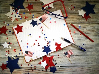 Diary with glasses open on the date of July 4, happy independence day, patriotism and memory of veterans 