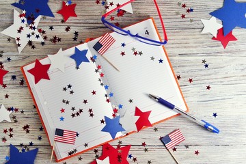 Diary with glasses open on the date of July 4, happy independence day, patriotism and memory of veterans 