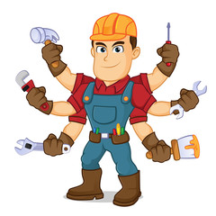 Handyman holding mutiple tools