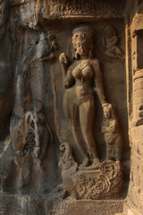 Cave 21, Rameshwar temple, Goddess Ganga with left hand resting on a dwarf attendant's head, Ellora Caves, Aurangabad, Maharashtra.