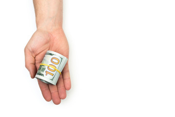 man holding rolled American dollars banknotes.