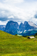 Fototapeta premium Alpe di Siusi, Seiser Alm with Sassolungo Langkofel Dolomite, a large green field with a mountain in the background