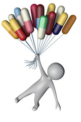 3d illustration human man figure flying on antidepressant pill balloons