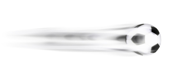 Flying soccer ball on white background rendered with motion blur effect. Soccer ball with trace, isolated on white background. Soccer ball with dust. 3d illustration.