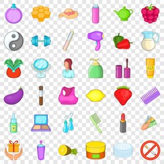 Woman cosmetic icons set. Cartoon style of 36 woman cosmetic ector icons for web for any design