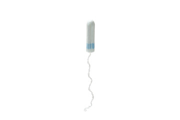 New clean white cotton tampon  with blue string to absorb menstrual blood isolated on white background. Woman hygiene protection in period. Menstruation cycle, critical days concept.