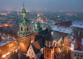 Fototapeta na wymiar Aerial view of the historical center of Krakow, church, Wawel Royal Castle at night