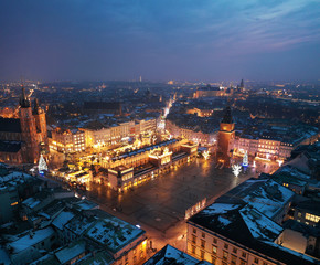 Fototapeta Aerial view of the Market Square in Krakow, Poland at night obraz