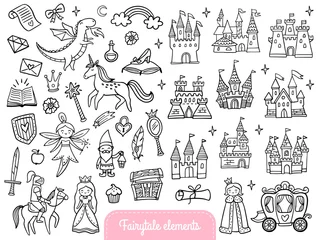 Fotobehang Big set of a fashion fairy tale and magic objects isolated on white background. Cute doodle illustration in cartoon style for stickers, badges, coloring page or indie game  Vector © jenny on the moon
