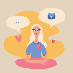 Young beautiful blond woman sitting at the table surrounded by speech bubbles