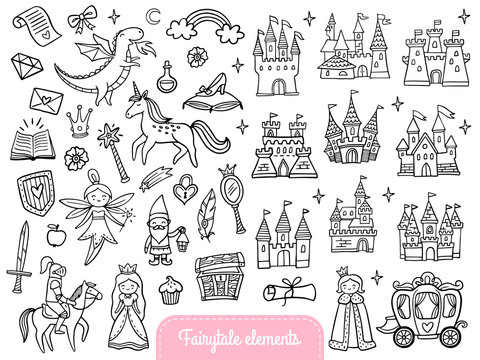 Big set of a fashion fairy tale and magic objects isolated on white background. Cute doodle illustration in cartoon style for stickers, badges, coloring page or indie game  Vector