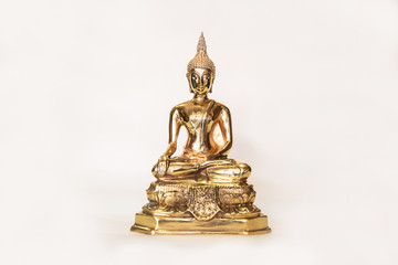 Golden buddha statue on white background . Buddha statue used as amulets of Buddhism religion .