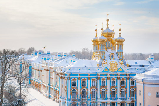 Winter Catherine palace architecture with blue sky