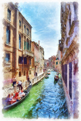 Fototapeta na wymiar Picturesque view of narrow Venetian canal, watercolor painting
