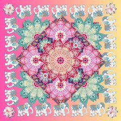 Square shawl with flower mandala, medallion and cute cartoon indian elephants in ethnic style.