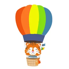 Papier Peint photo Animaux en montgolfière Un animal de dessin animé vole en montgolfière. Image pour vêtements pour enfants, cartes postales.