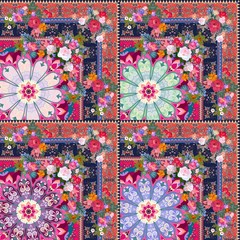 Luxury patchwork pattern with ornamental border, mandala flower and floral garlands in ethnic style. Indian, russian motives.