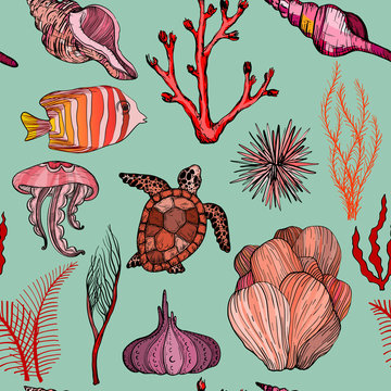 Seamless pattern with marine hand drawn corals and marine life. © mirifadapt