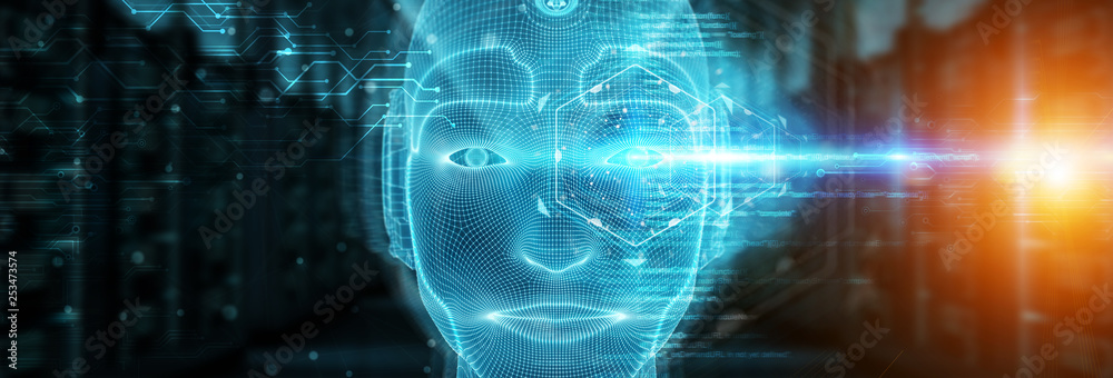 Fototapete robotic man cyborg face representing artificial intelligence 3d rendering