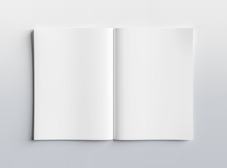 Isolated white open magazine mockup on grey 3D rendering