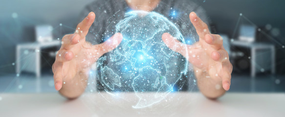 Fototapeta premium Businessman using globe network hologram with America Usa map 3D rendering