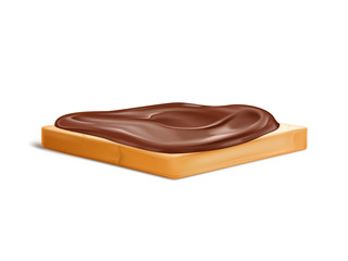 Slice of wheat bread with chocolate cream or nougat spread 3d realistic vector isolated on white background. High-calorie sandwich breakfast, easy to cook shack, simple and sweet dessert illustration