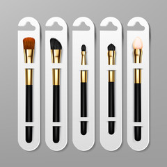 Makeup Brush Packaging Design Vector. Female Application. Equipment Collection. Beautiful Complexion. Professional Woman Facial Equipment. Realistic Isolated Illustration