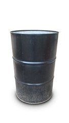 Old oil barrel isolated on white background. Blank realistic black oil barrel.