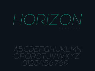 Obraz premium Vector thin line uppercase font. Latin alphabet letters and numbers