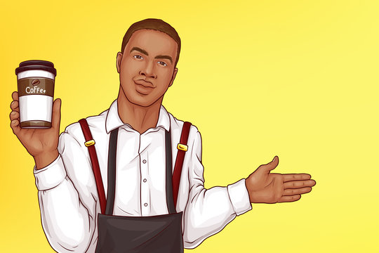 African-american barista guy in white shirt and apron, holding coffee cup, inviting and welcoming clients pop art vector illustration on yellow background. Small local business, coffeeshop ad banner