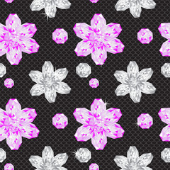 Gems flowers on lace net background seamless pattern