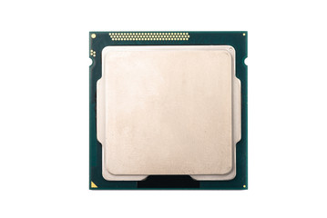 Modern CPU processor chip isolated on a white background.