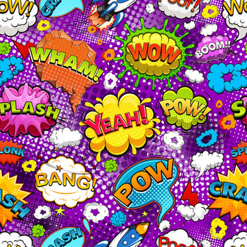 Comic speech bubbles seamless pattern on violet background illustration