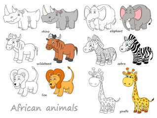 Obraz premium Cartoon african animals outline and colored illustration