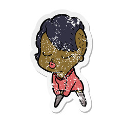 distressed sticker of a cartoon pretty hipster girl