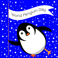 World Penguin Day. Penguin slides on the ice, winks, holds a flag with the name of the event