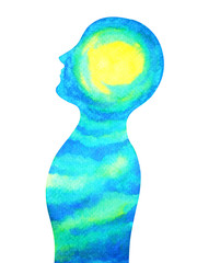 human head, chakra power, inspiration abstract thinking, world, universe inside your mind, watercolor painting